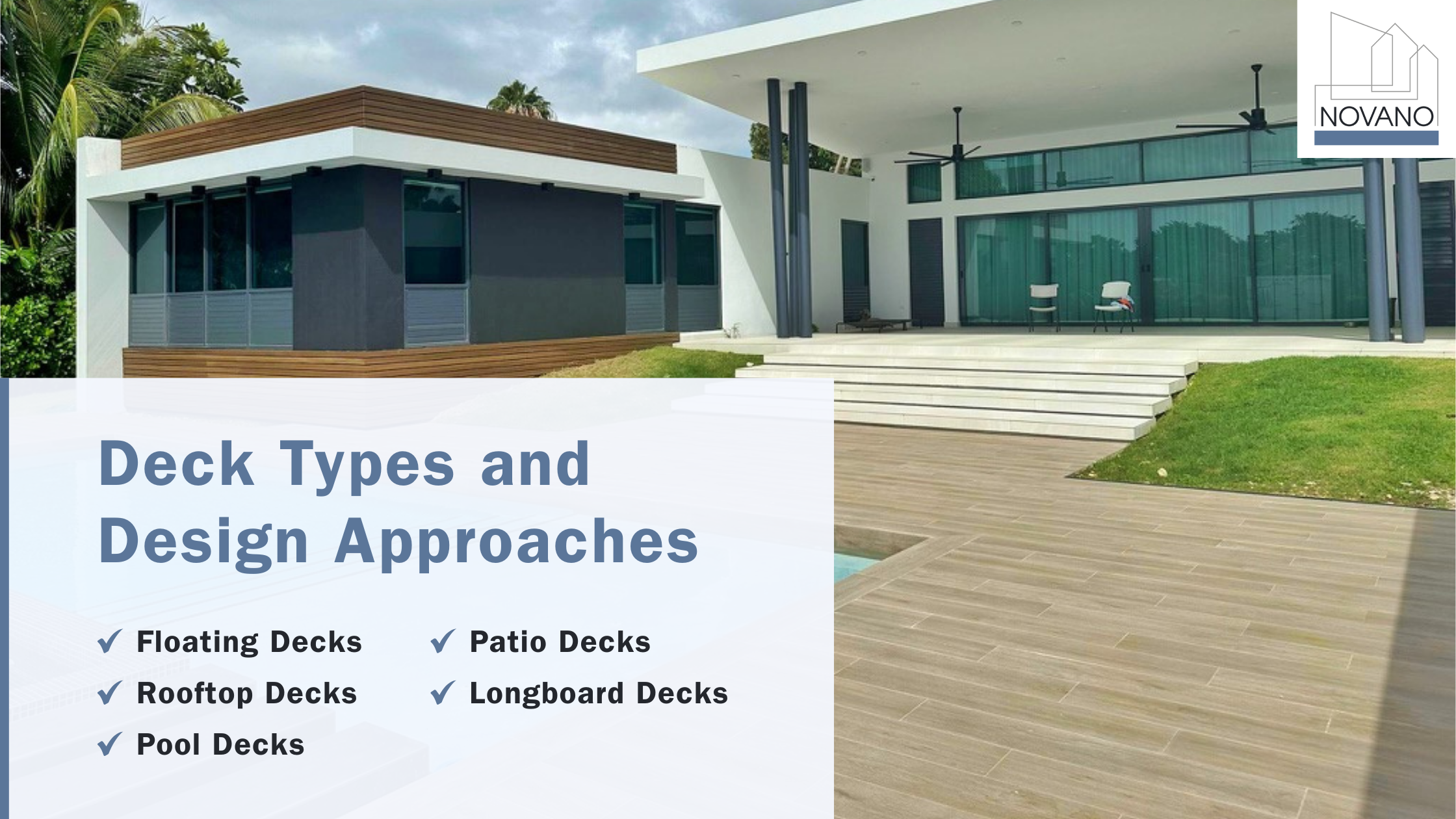 Nice Residential Pool Deck with text overlay: “Deck Types and Design Approaches