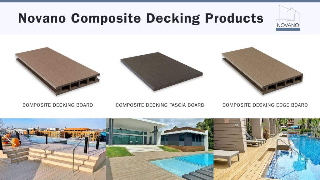 Novano composite decking boards, fascia, and edge boards with poolside applications