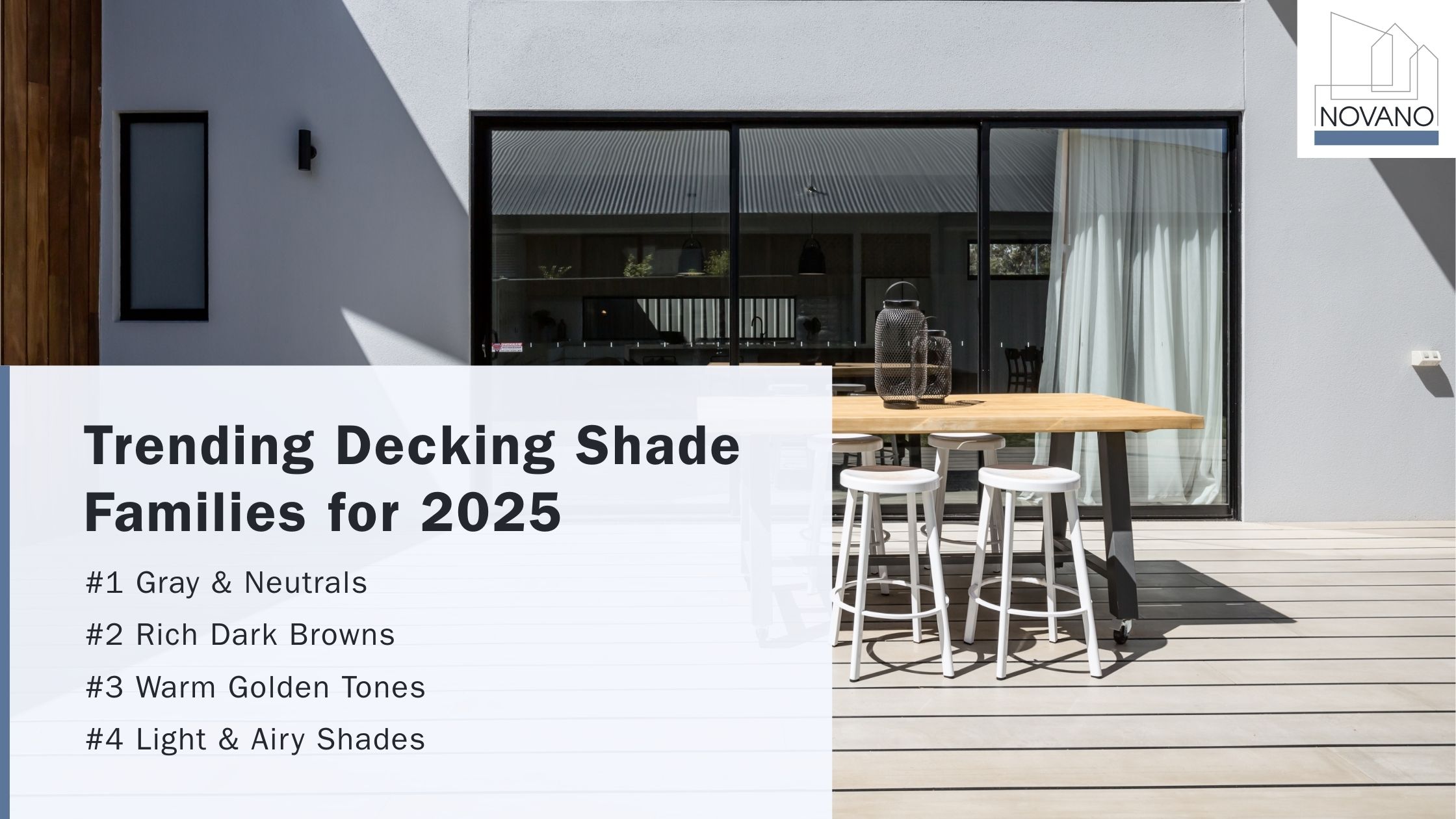 Modern patio with light gray Novano composite decking shade for 2025 trends